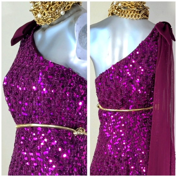 Off Shoulder Sequin Cocktail Evening Attached Chiffon Bow Side Split VTG Dress - Picture 9 of 12